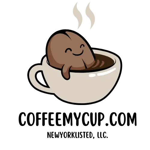 A cute brown cartoon coffee bean with a smiling face is nestled inside a white ceramic mug, emitting steam above it.