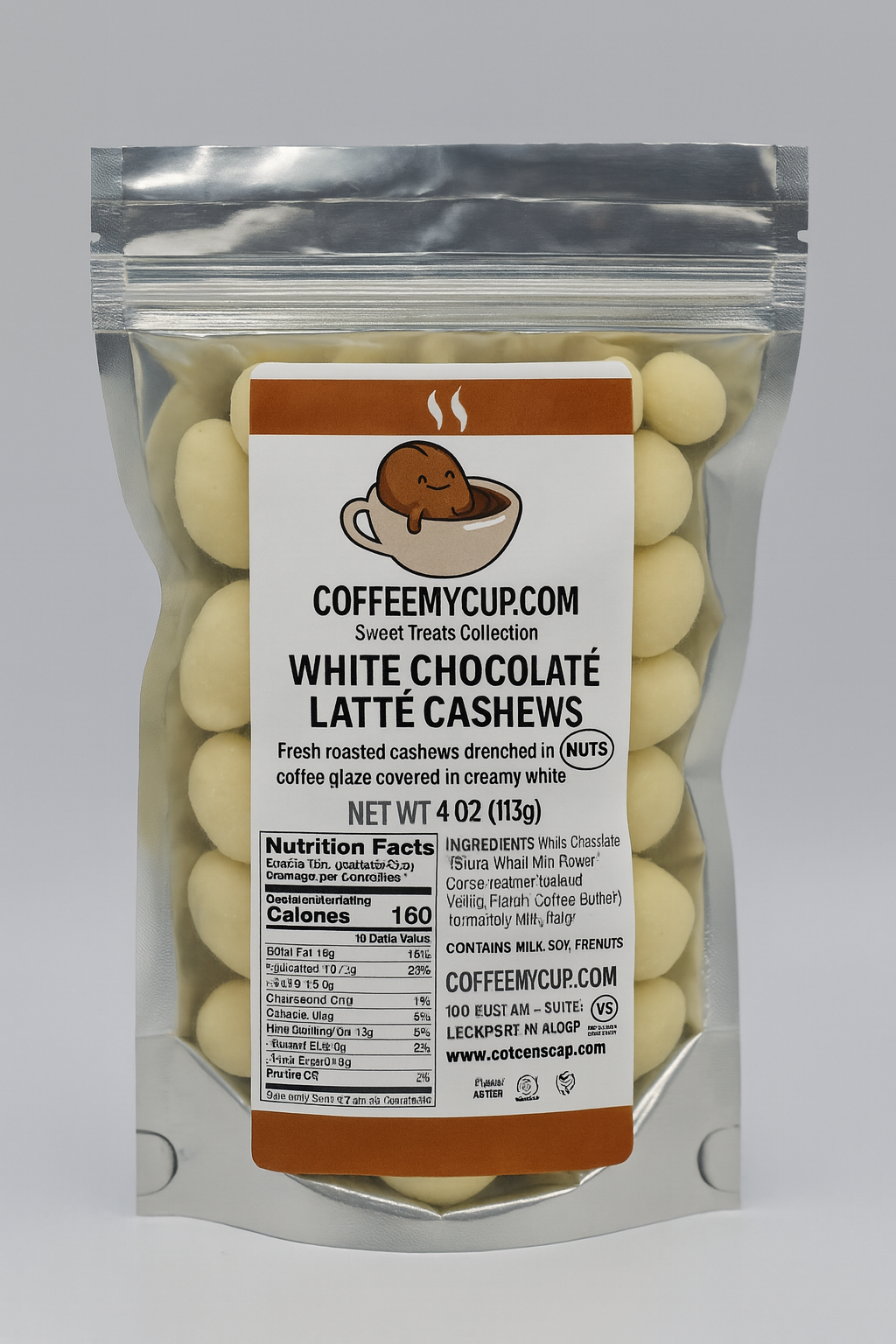 Packaged white chocolate latte cashews with a visible label on a gray background: Coffee My Cup Sweet Treats Collection: White Chocolate Latte Cashews – 4oz Bag