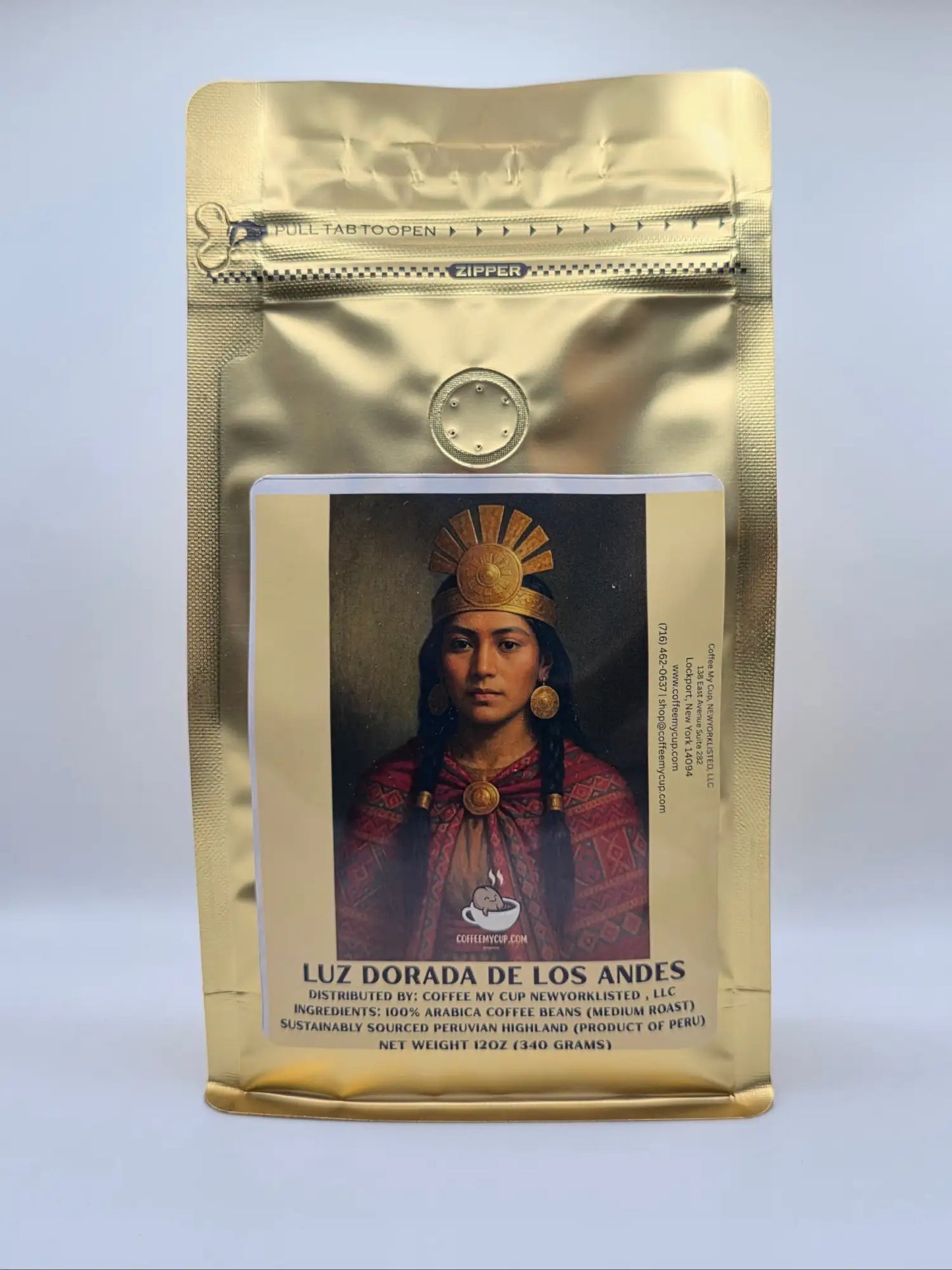 Coffee My Cup Creative Coffee Collection gold bag of Peruvian organic coffee, Golden Light – Luz Dorada de los Andes, featuring elegant portrait of a Peruvian princess on a clean white background.