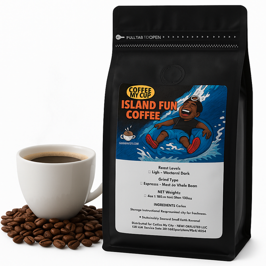 Coffee My Cup: Coffee bag labeled 'Island Fun Coffee' with a cup of coffee and beans on a white background