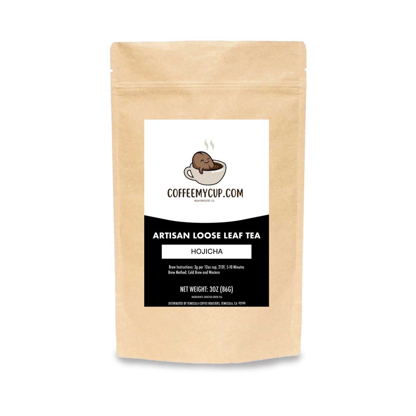 Coffee My Cup Hojicha, a roasted Japanese green tea that’s smooth, nutty, and unbelievably comforting in a Kraft paper tea bag with a label for COFFEE MY CUP on a white background