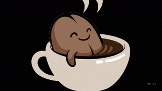 Coffee My Cup animated logo of Beanie, the coffee my cup mascot hopping in a cup of coffee with steam rising above the cup.