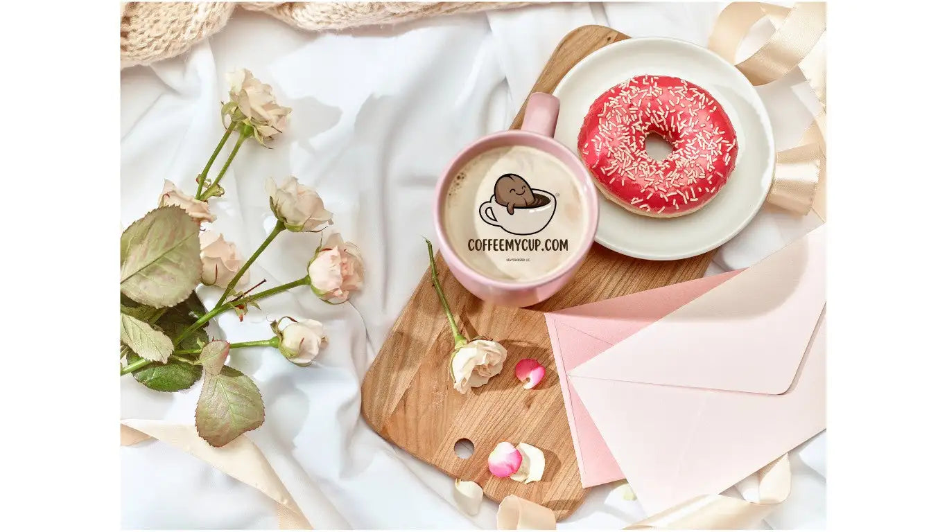 Pink ceramic mug with a cartoon illustration of a sleeping cat in a coffee cup and the text ’coffeemycup.com’ on its side.