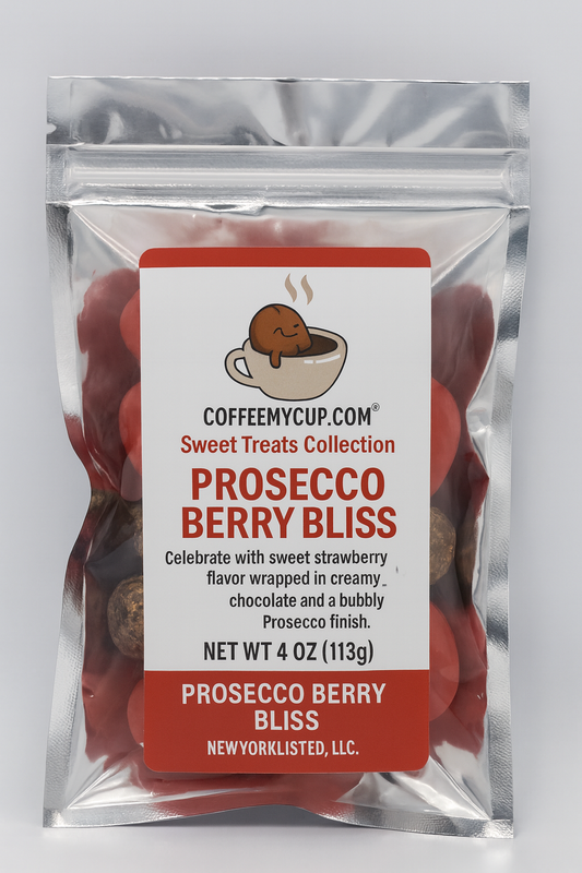 Coffee My Cup Sweet Treats Collection: Prosecco Berry Bliss – 4oz Bag: Prosecco Berry Bliss sweet treats packaging with a white label on a gray background
