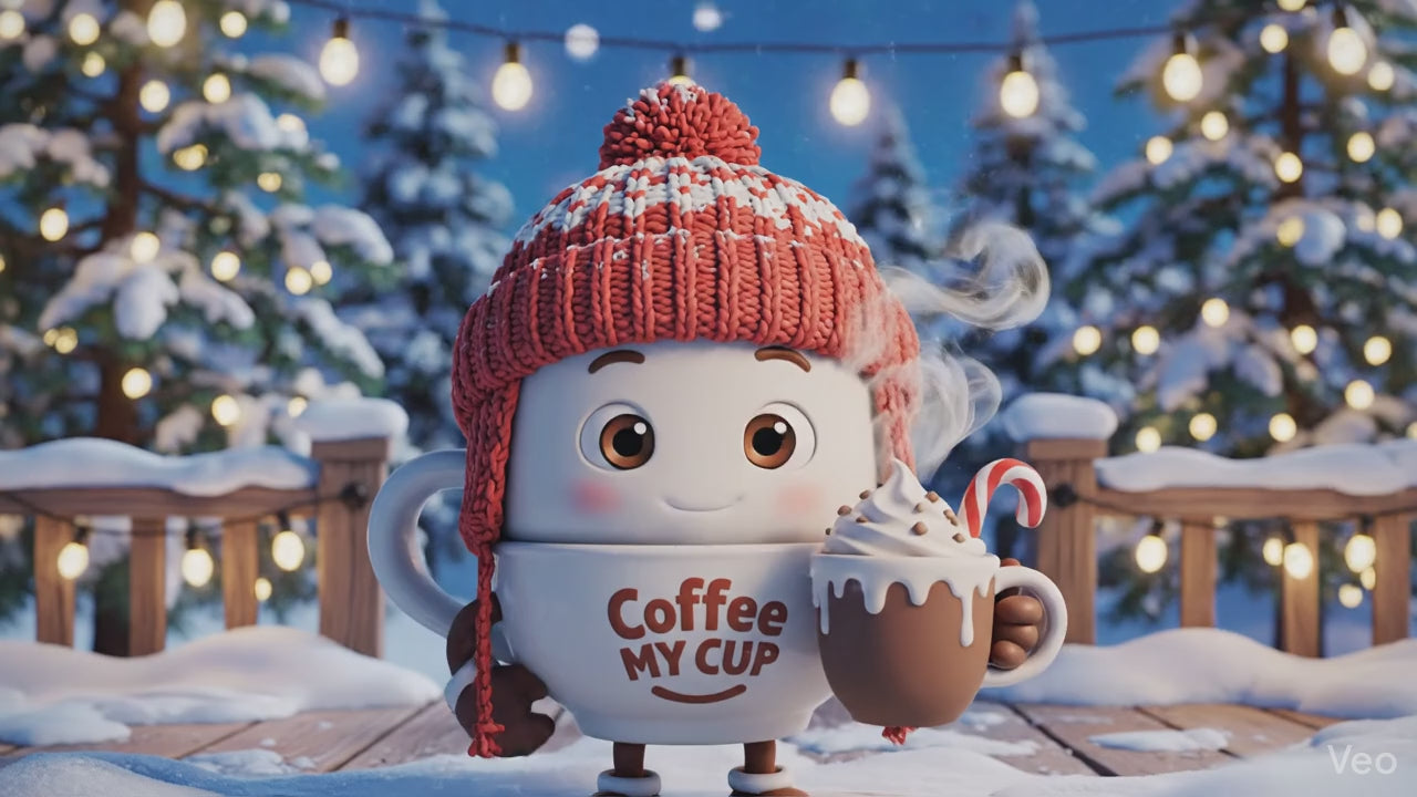 Coffee My Cup Winter Wonderland Coffee video with the Coffee My Cup mascot Beanie drinking Winter Wonderland Coffee