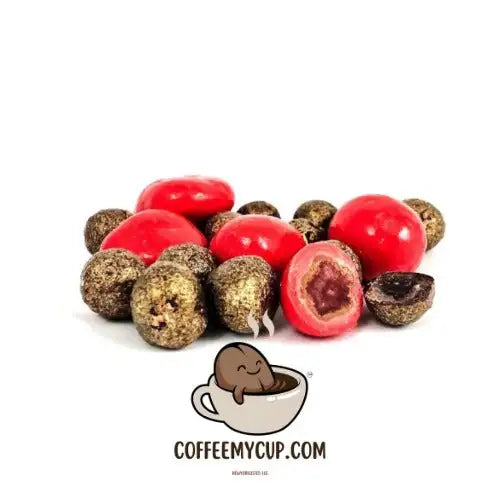 Red and brown chocolate-covered coffee beans, some split open to reveal a dark interior.