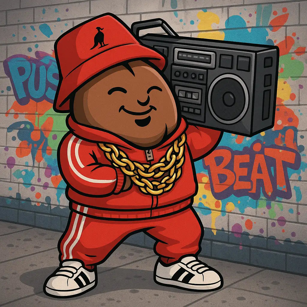 Coffee My Cup’s Beanie mascot flashes back to the 80s, dancing in the kitchen while showing off brewmaster coffee moves—celebrating fresh roasted coffee with style.