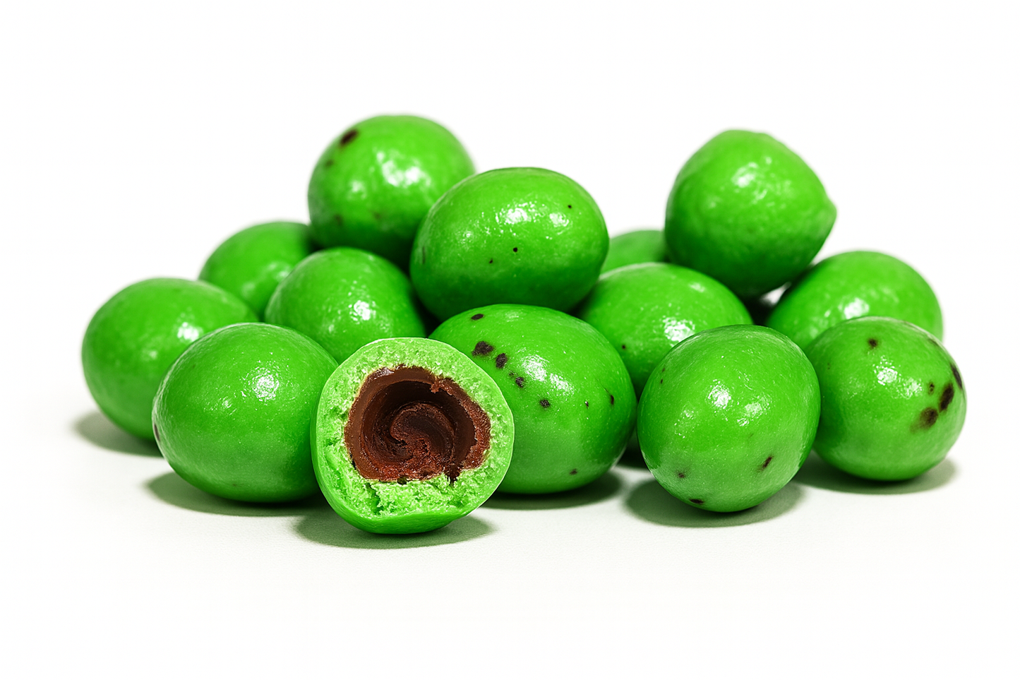 Coffee My Cup Sweet Treats Collection: Café Mint Espresso Beans: Green chocolate candies with a brown center on a white background