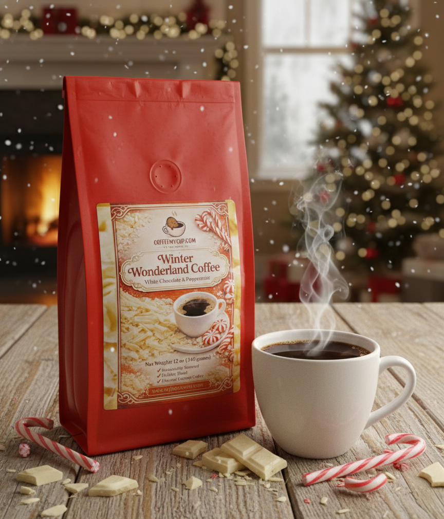 A bag of Coffee My Cup 'Winter Wonderland Coffee' with a steaming cup of coffee on a wooden table, Christmas tree, and fireplace in the background.